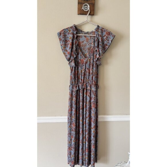 MNG Womens Size 6 Blue Floral Maxi Dress Stretch Flutter Sleeve Ruffle Trim - Picture 1 of 5